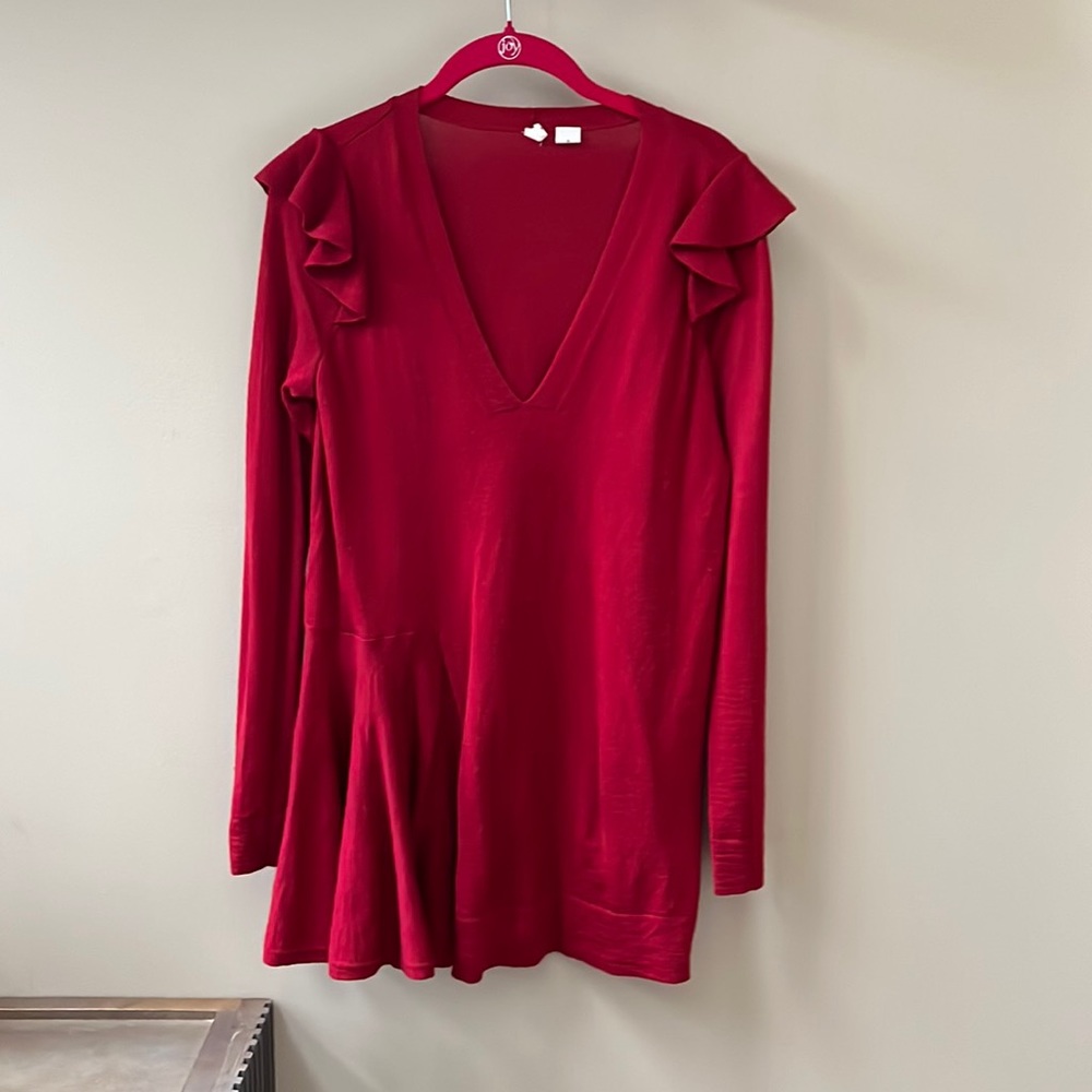 Adorable red ruffle long sweater Anthropologie
